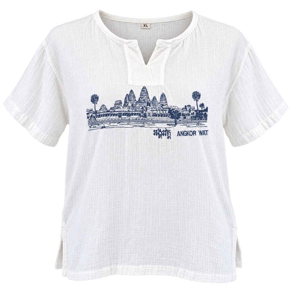 Angkor Wat Cambodia Embroidered Gauze Top White XL Boho Travel Shirt